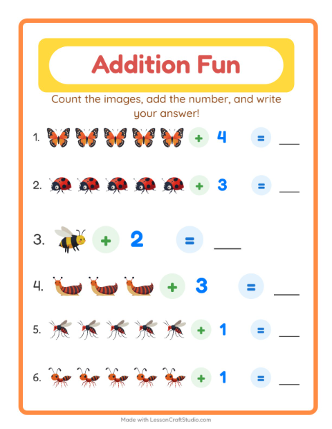 Preview of Addition worksheet featuring Insects and Bugs for kindergarten