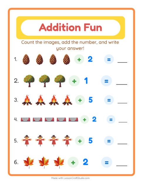 Preview of Addition worksheet featuring Miscellaneous for kindergarten