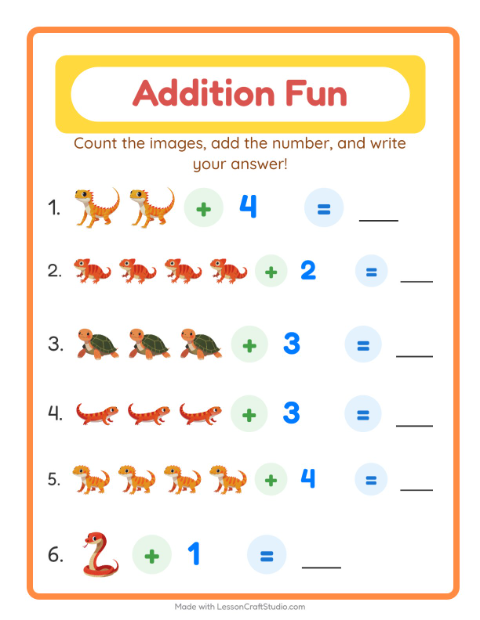 Preview of Addition worksheet featuring Reptiles and Amphibians for kindergarten