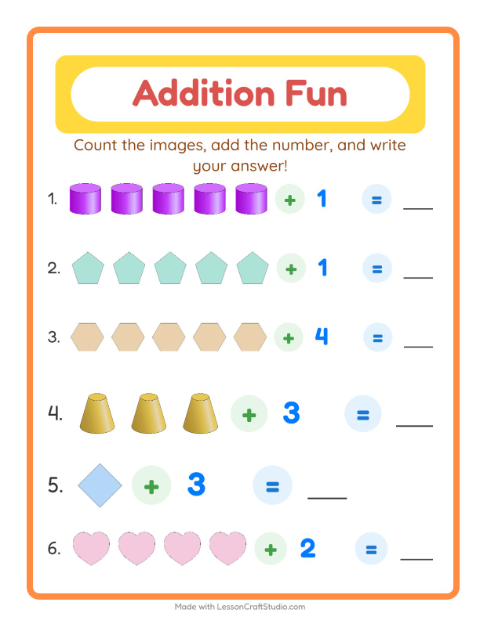 Preview of Addition worksheet featuring Shapes for kindergarten
