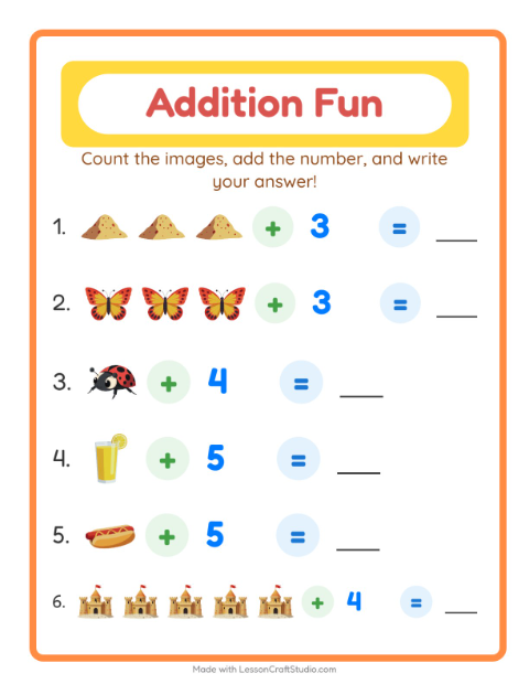 Preview of Addition worksheet featuring Bakery for kindergarten