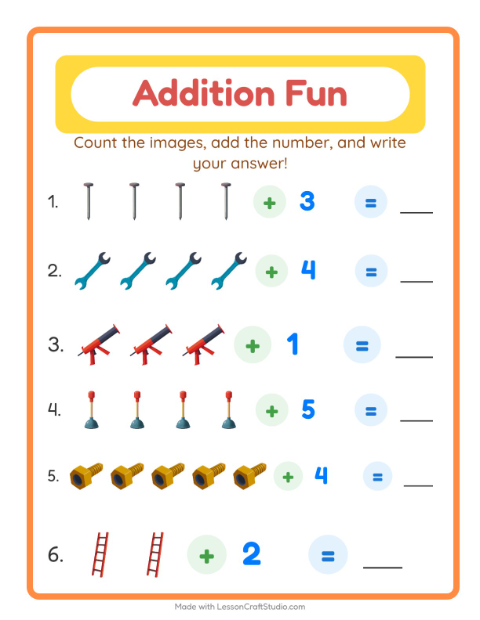 Preview of Addition worksheet featuring Tools for kindergarten