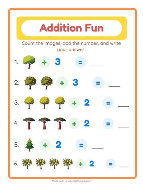 Preview of Addition worksheet featuring Trees for kindergarten