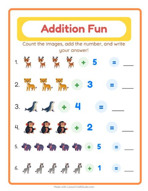 Preview of Addition worksheet featuring Zoo Animals for kindergarten