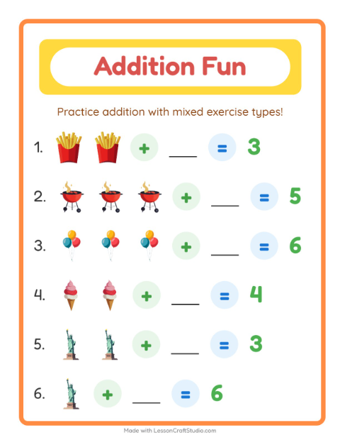 Preview of Addition worksheet featuring 4th of July for kindergarten