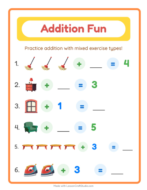 Preview of Addition worksheet featuring Around the House for kindergarten