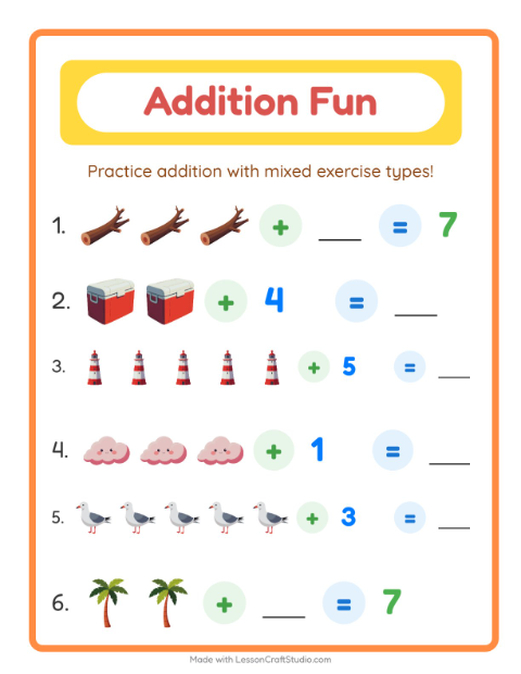 Preview of Addition worksheet featuring Beach for kindergarten