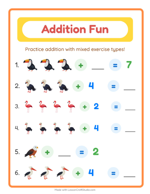 Preview of Addition worksheet featuring Birds for kindergarten