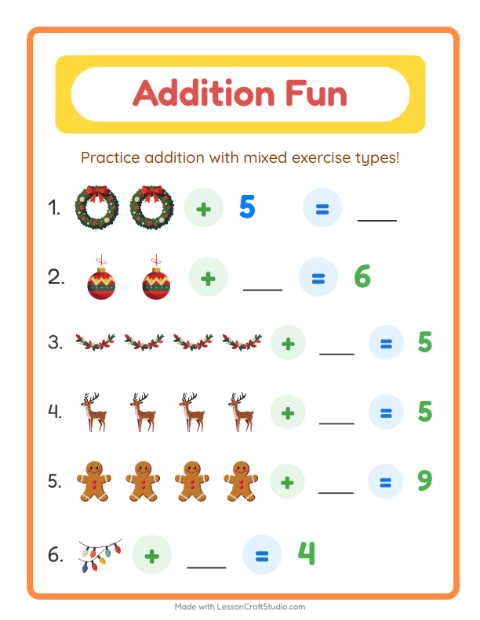 Preview of Addition worksheet featuring Christmas for kindergarten