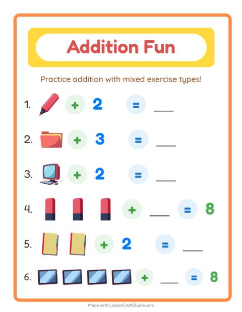 Preview of Addition worksheet featuring Classroom for kindergarten