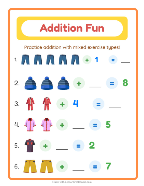 Preview of Addition worksheet featuring Clothing for kindergarten