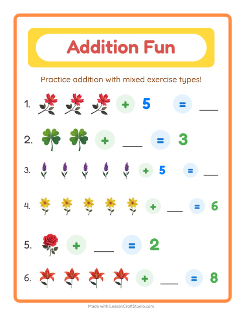 Preview of Addition worksheet featuring Flowers for kindergarten