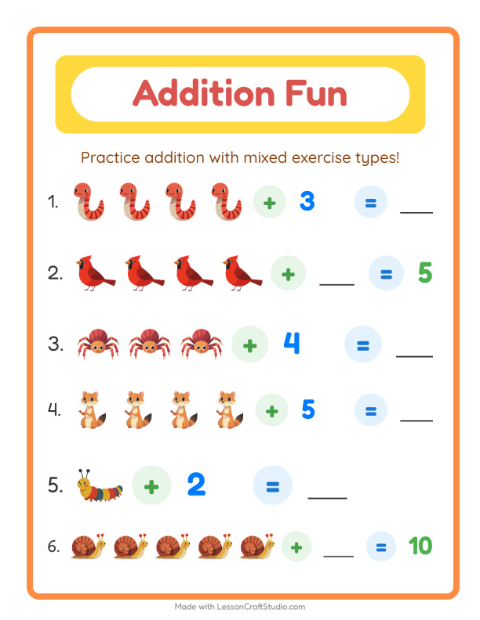 Preview of Addition worksheet featuring Forest Creatures for kindergarten