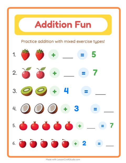 Preview of Addition worksheet featuring Fruits for kindergarten