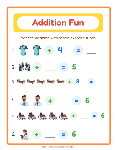Preview of Addition worksheet featuring Hospital for kindergarten