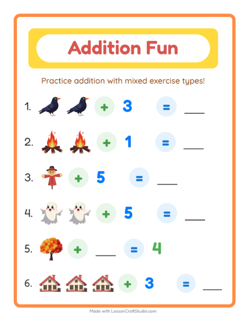 Preview of Addition worksheet featuring Miscellaneous for kindergarten