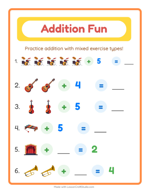 Preview of Addition worksheet featuring Music for kindergarten