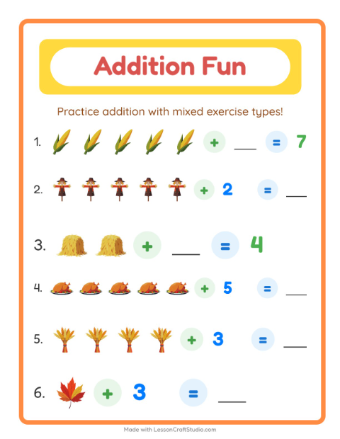 Preview of Addition worksheet featuring Thanksgiving for kindergarten