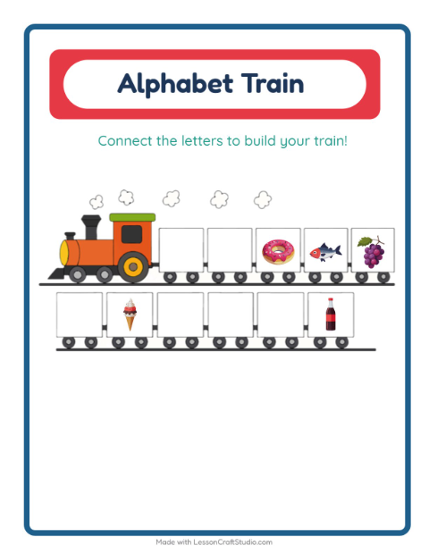 Preview of Alphabet Train worksheet featuring At the Supermarket for preschool
