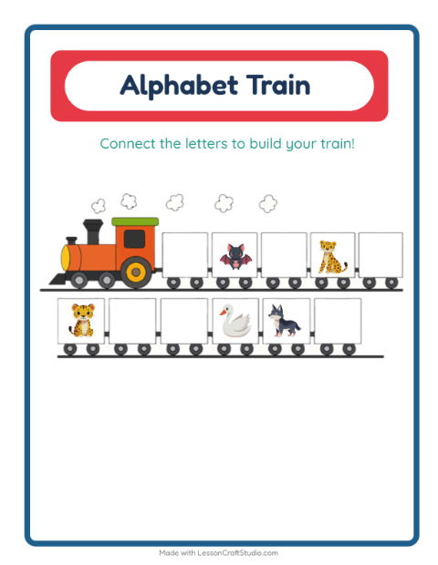 Preview of Alphabet Train worksheet featuring Animals for preschool