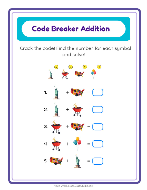 Preview of Code Addition worksheet featuring 4th of July for kindergarten