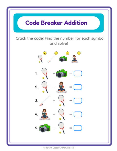 Preview of Math Puzzle worksheet featuring Vehicles for grade 1