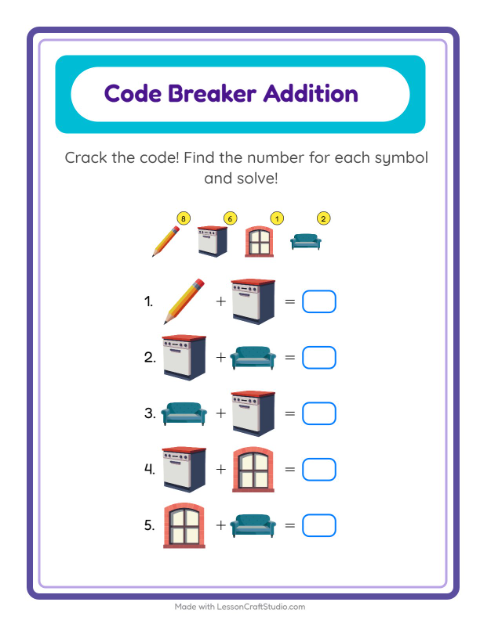 Preview of Code Addition worksheet featuring Around the House for kindergarten