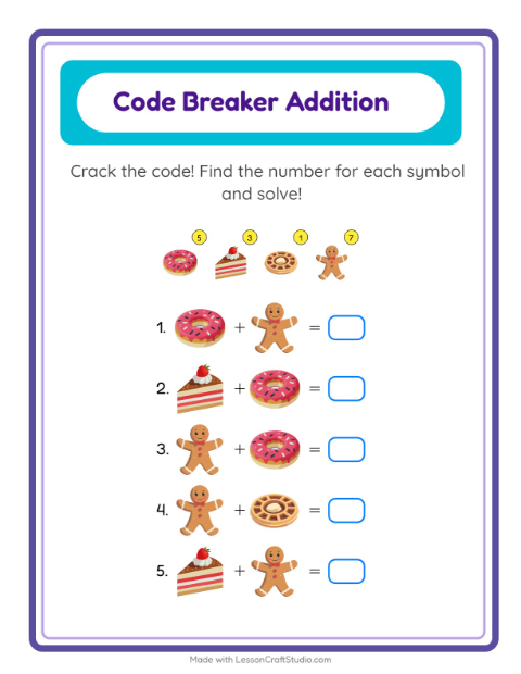Preview of Code Addition worksheet featuring Bakery for kindergarten