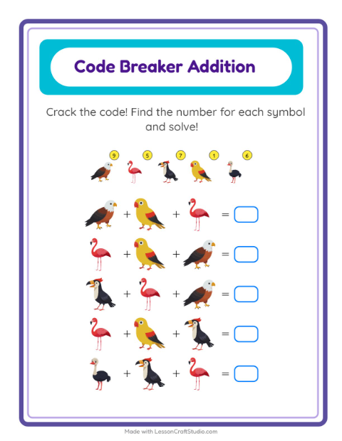 Preview of Code Addition worksheet featuring Birds for kindergarten