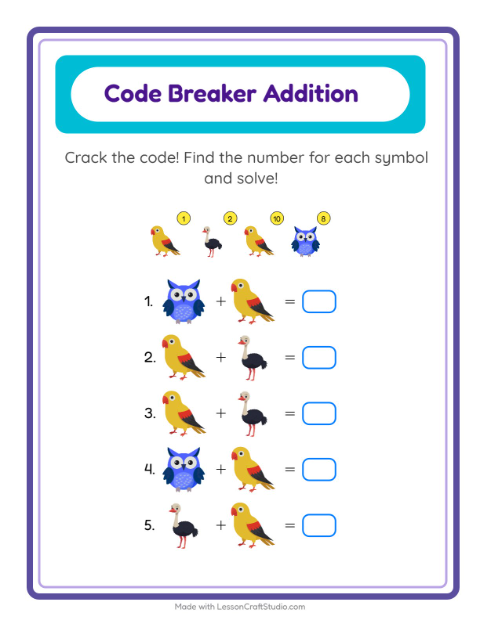 Preview of Code Addition worksheet featuring Birds for kindergarten