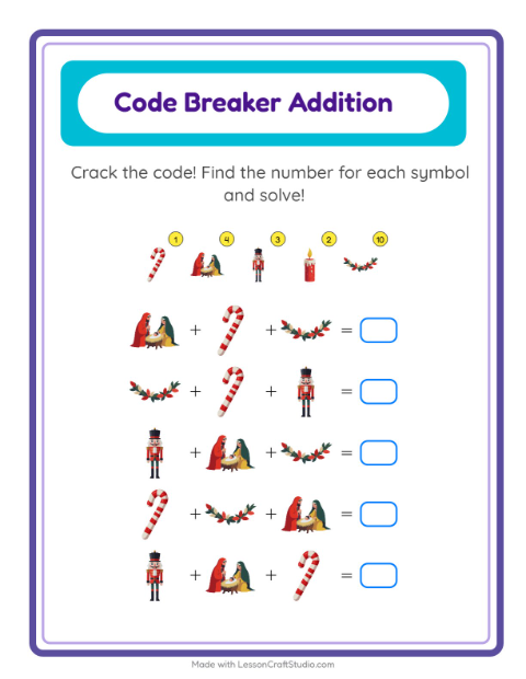 Preview of Code Addition worksheet featuring Christmas for kindergarten