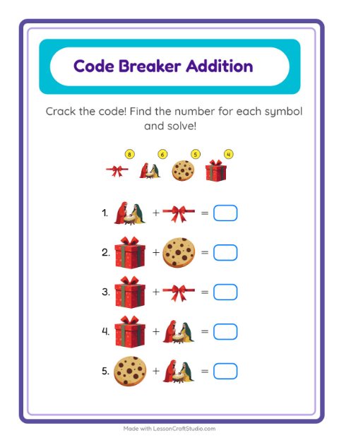 Preview of Code Addition worksheet featuring Christmas for kindergarten