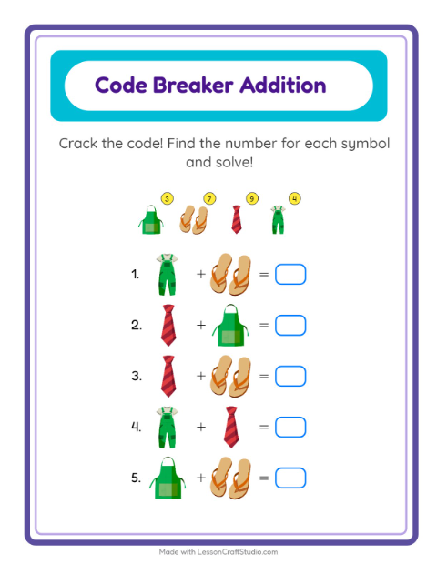 Preview of Code Addition worksheet featuring Clothing for kindergarten