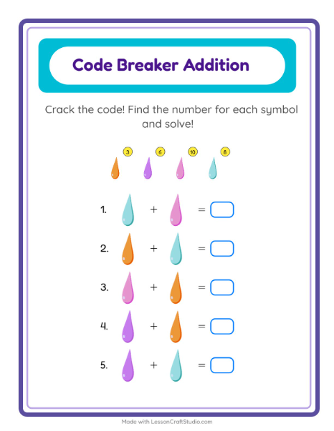 Preview of Code Addition worksheet featuring Colors for kindergarten