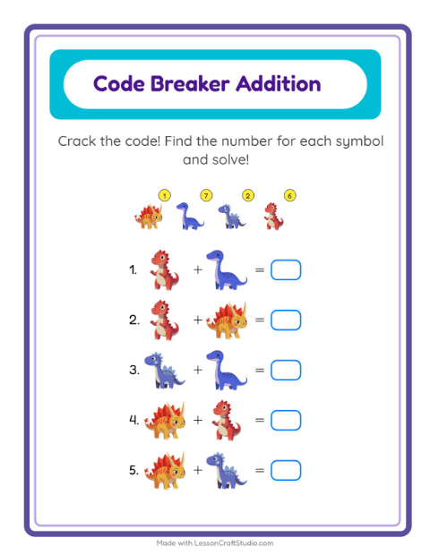 Preview of Code Addition worksheet featuring Dinosaurs for kindergarten