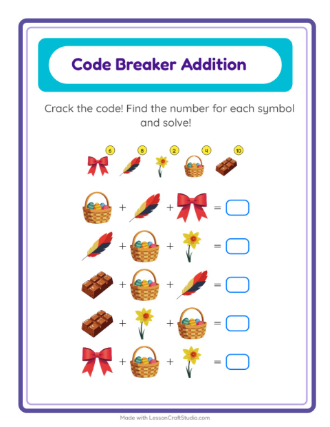 Preview of Code Addition worksheet featuring Easter for kindergarten