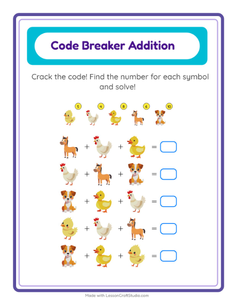 Preview of Code Addition worksheet featuring Farm Animals for kindergarten