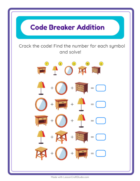 Preview of Code Addition worksheet featuring Furniture for kindergarten