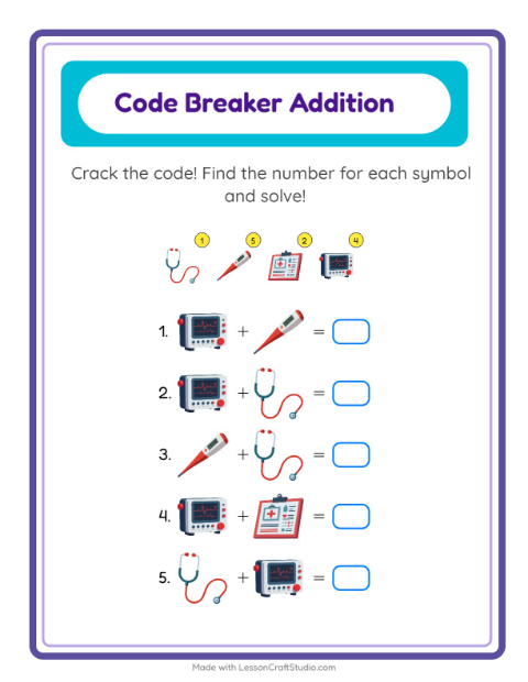 Preview of Code Addition worksheet featuring Hospital for kindergarten