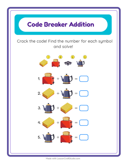 Preview of Code Addition worksheet featuring Kitchen Tools for kindergarten
