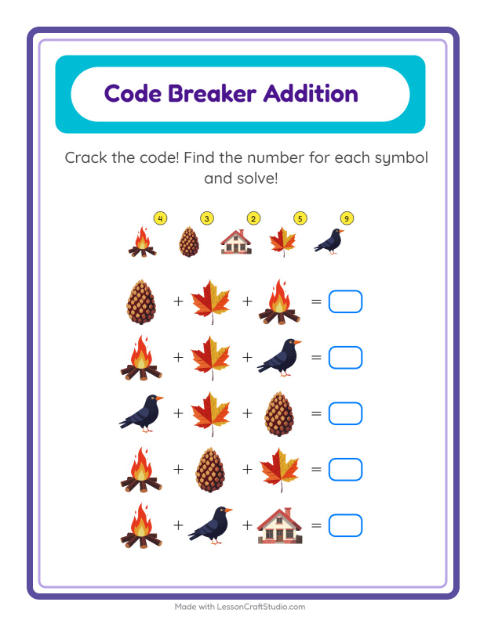 Preview of Code Addition worksheet featuring Miscellaneous for kindergarten