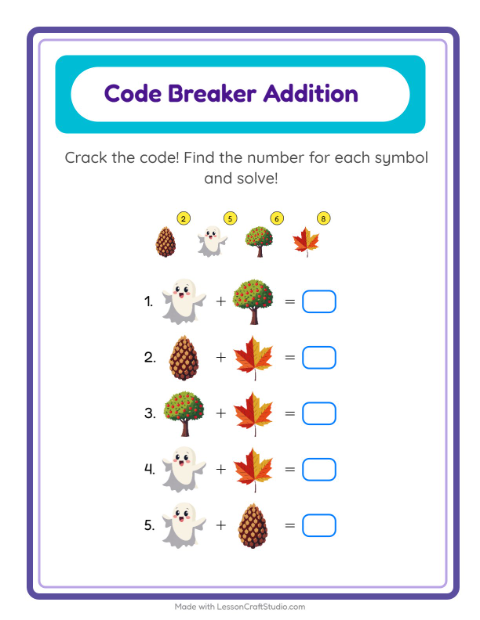 Preview of Code Addition worksheet featuring Miscellaneous for kindergarten