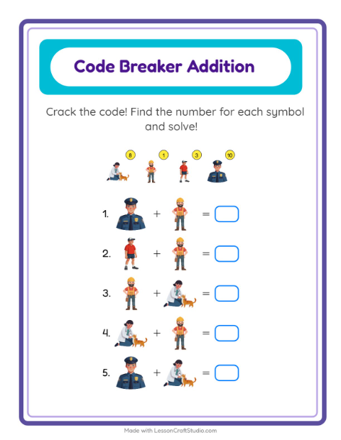 Preview of Code Addition worksheet featuring Occupations for kindergarten