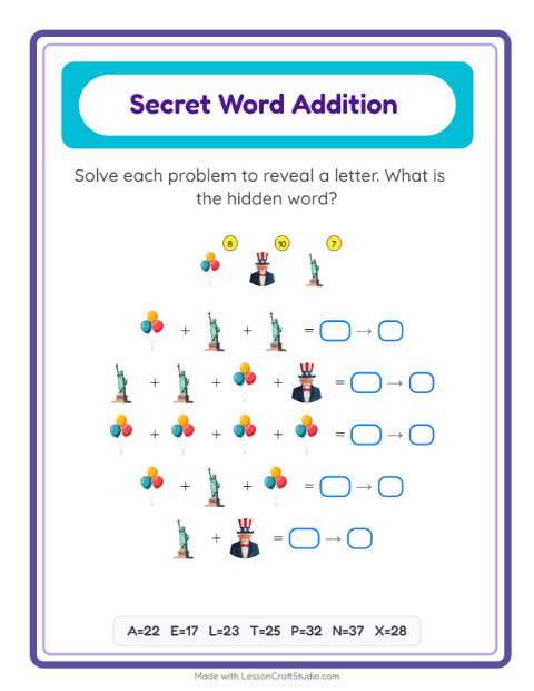 Preview of Code Addition worksheet featuring 4th of July for kindergarten
