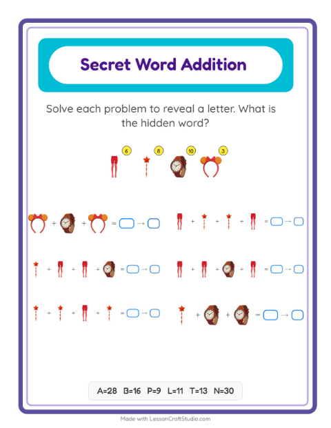 Preview of Code Addition worksheet featuring Accessories for kindergarten