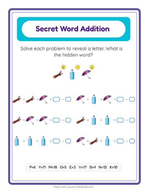 Preview of Code Addition worksheet featuring Beach for kindergarten