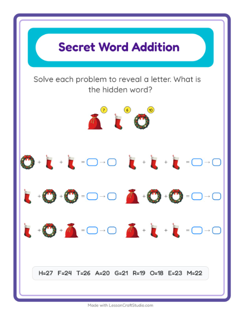 Preview of Code Addition worksheet featuring Christmas for kindergarten