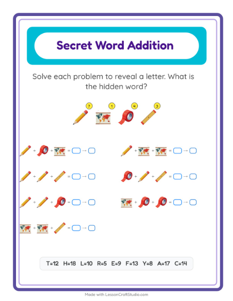 Preview of Addition worksheet featuring Around the House for kindergarten