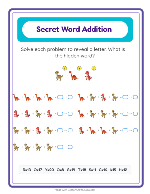 Preview of Code Addition worksheet featuring Dinosaurs for kindergarten