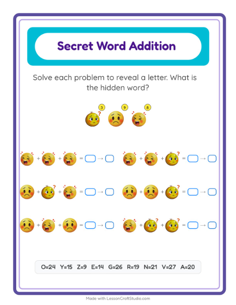 Preview of Code Addition worksheet featuring Emotions for kindergarten
